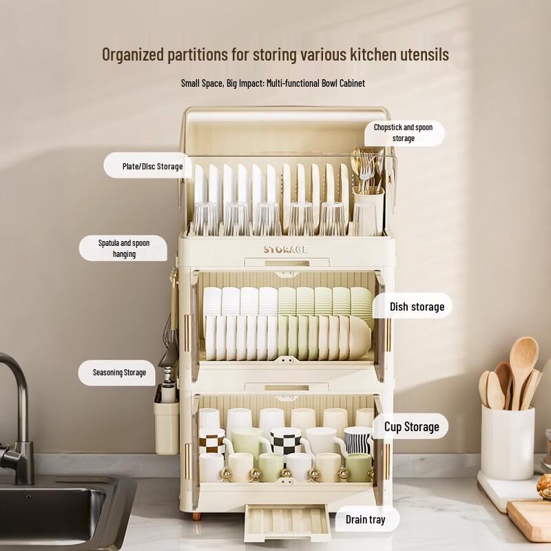 3-Tier Dustproof Kitchen Dish Drying Rack with Cover