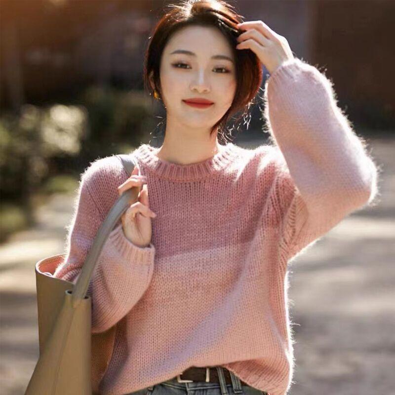 Women's High-End Gradient Color Loose Crew Neck Knit Top Autumn Winter Retro Sweater Inner Wear Base Layer