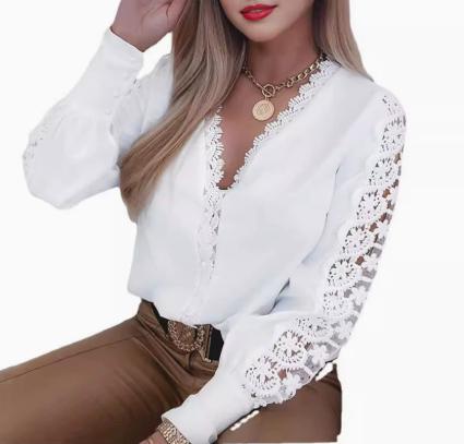 Spring and Long-Sleeved V-Neck Lace-Trimmed Shirt for Women One Size