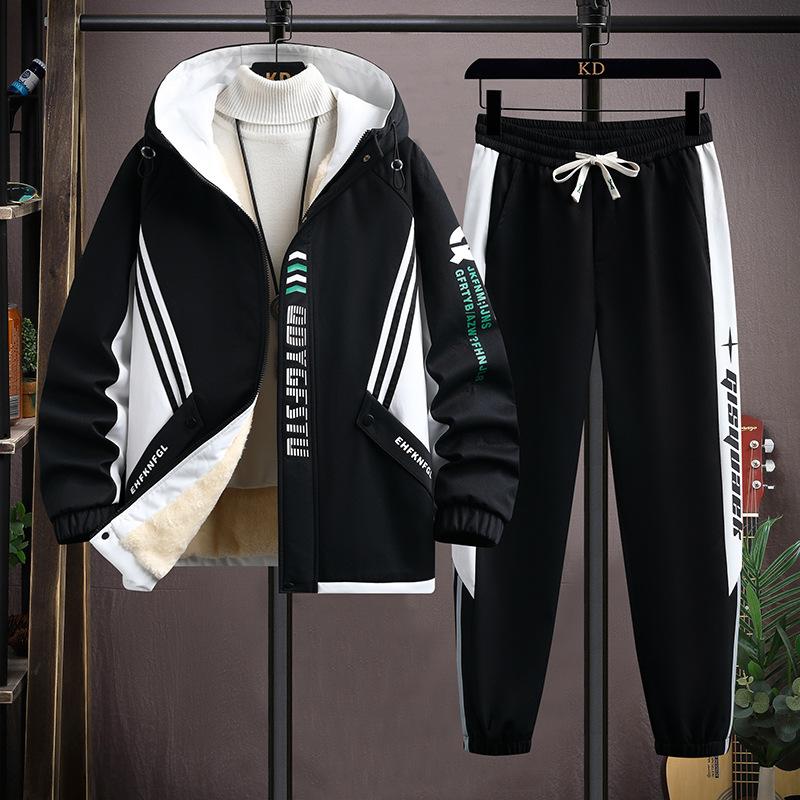 Winter Fleece Thicken Casual Tracksuit Sets Trend Hooded Patchwork Set Autumn Warm Sportswear Jacket Trousers Suits