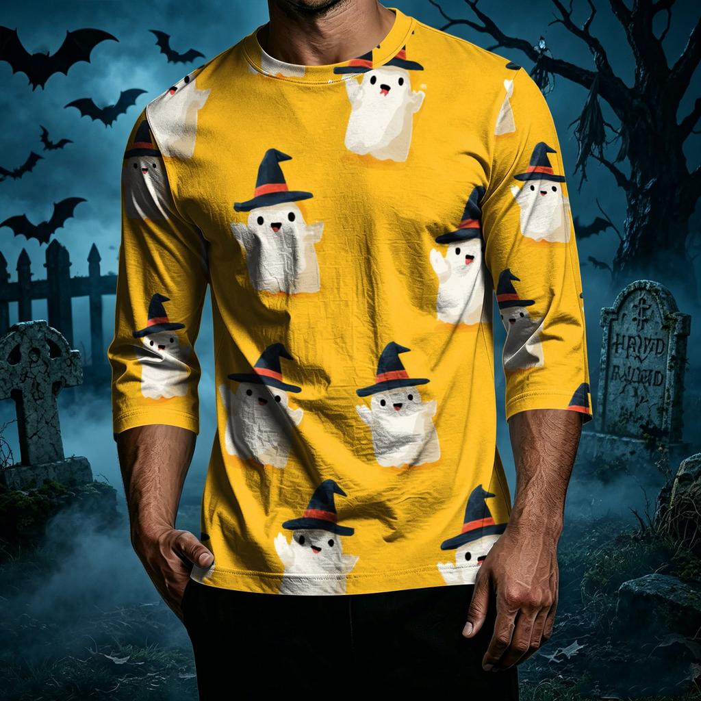 Men's Casual Halloween Printed Crew Neck T Shirt Three Quarter Sleeve Top Suitable for Seasonal Wear and Everyday Use