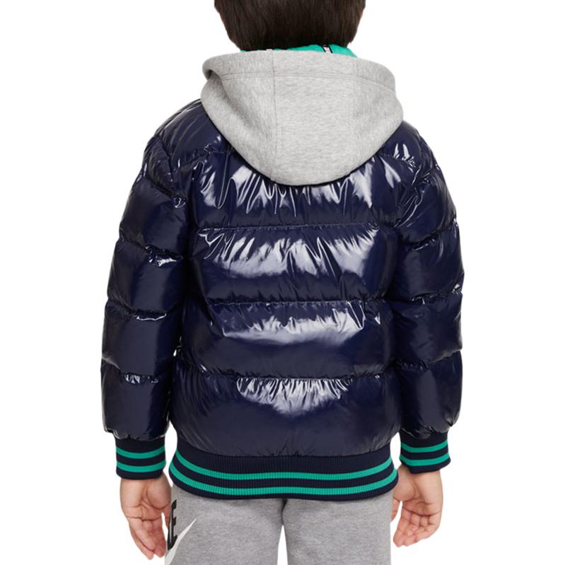Nike Daunenfüllung Markenlogo-Print Glänzende Daunenjacke mit Kapuze Kinder Oberbekleidung Marineblau DB7075-451