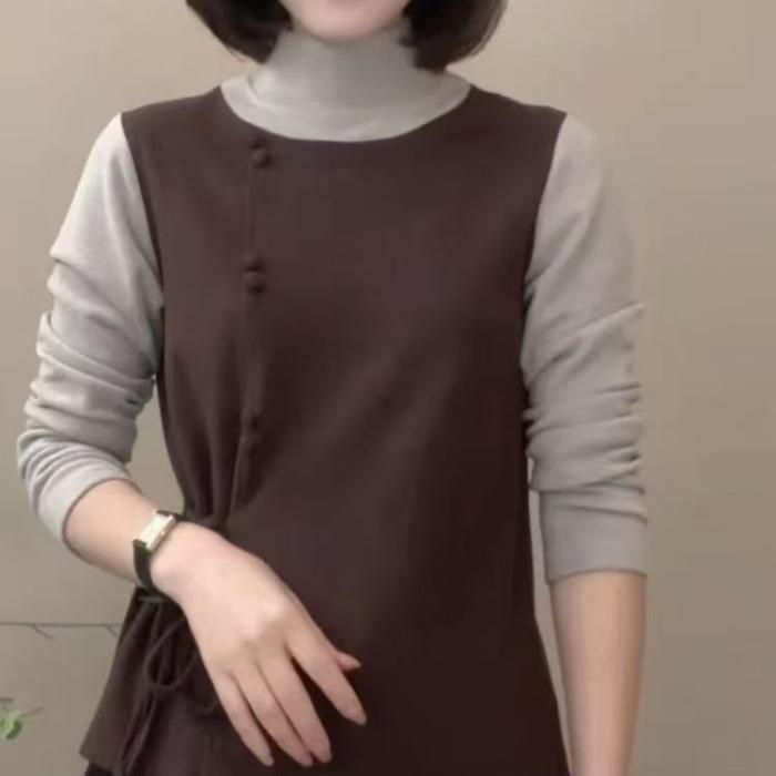 

Korean Style Lace-Up Half-High Collar Long Sleeve Top - Age-Reducing, Tummy Concealing, Loose Fit for Moms M кофейный