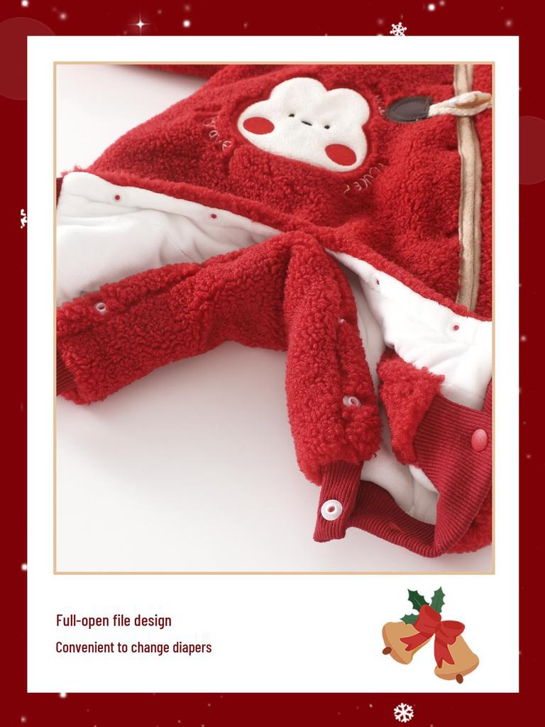 Fleece-Lined Quilted Red Baby Romper - Winter Outerwear for New Year Greetings
