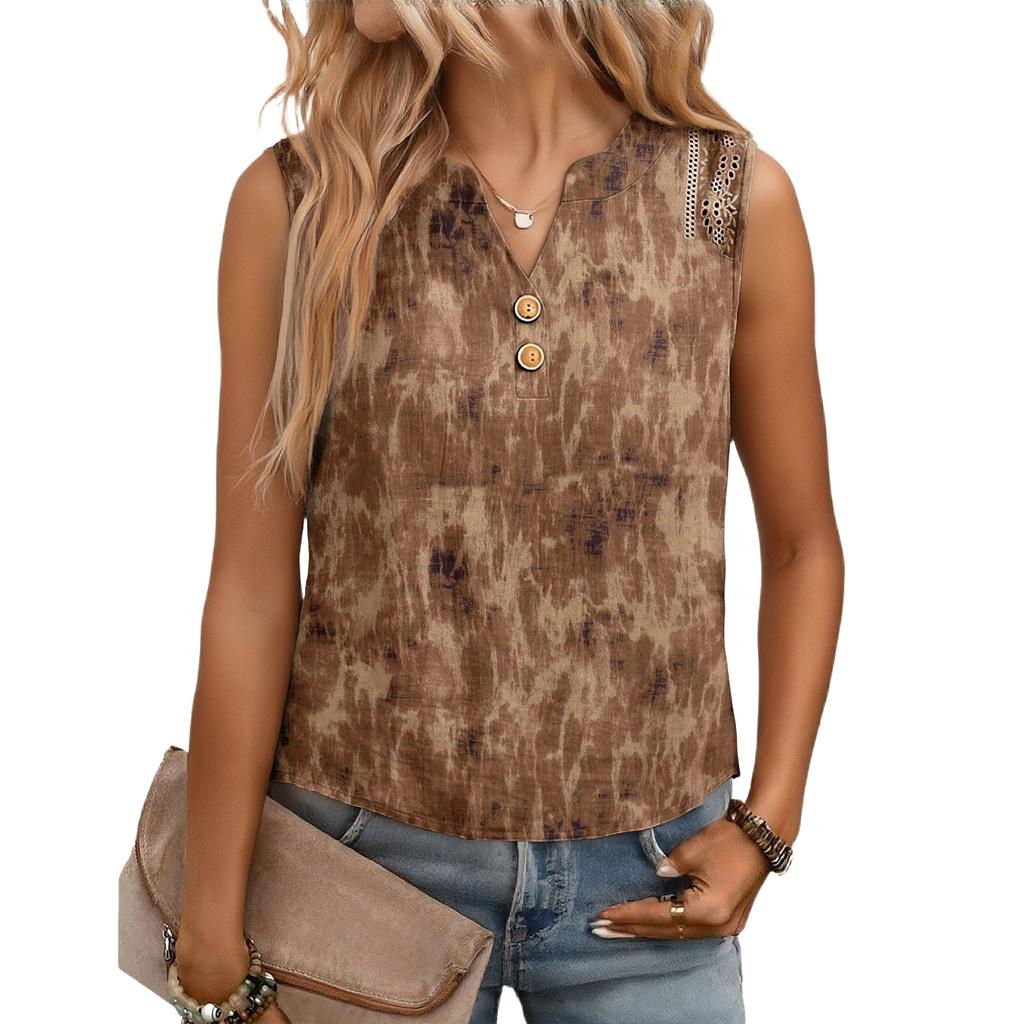 Women's Casual, Loose-Fitting, Printed, Sleeveless Linen Blouse
