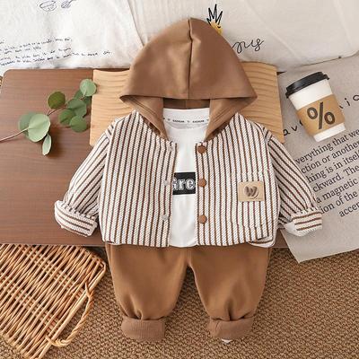 Boys' Long Sleeved Three Piece Set - Striped Hooded Jacket+white T-shirt+matching Pants - High-quality Clothes -12 Months -6 Years Old