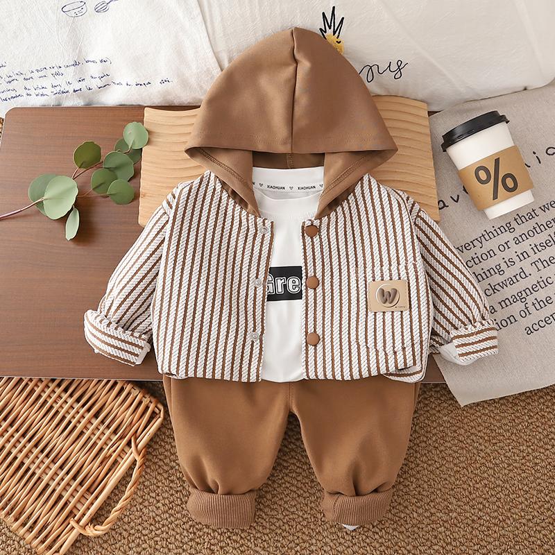 

Комплект из трех вещей с длинными рукавами для мальчиков - Полосатая куртка с капюшоном+белая футболка+подходящие брюки - Одежда высокого качества -12 месяцев -6 лет 3XL коричневый