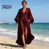 Batwing Sleeve Dress Women's Cotton Linen Maxi Dress, V Neck Airy Summer Outfit High Split Loose Casual Beach Sundress with Pockets Relaxed Fit