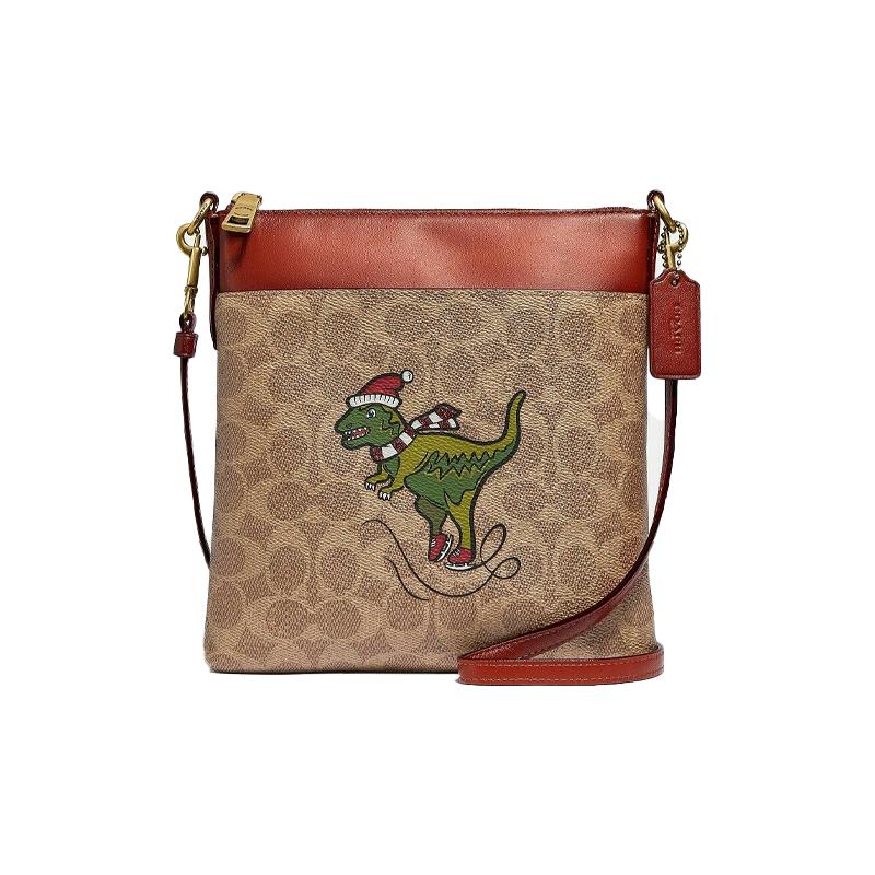 

COACH Kitt 20 dinosaur print leather shoulder crossbody bag small size women brown presbyopia коричневий