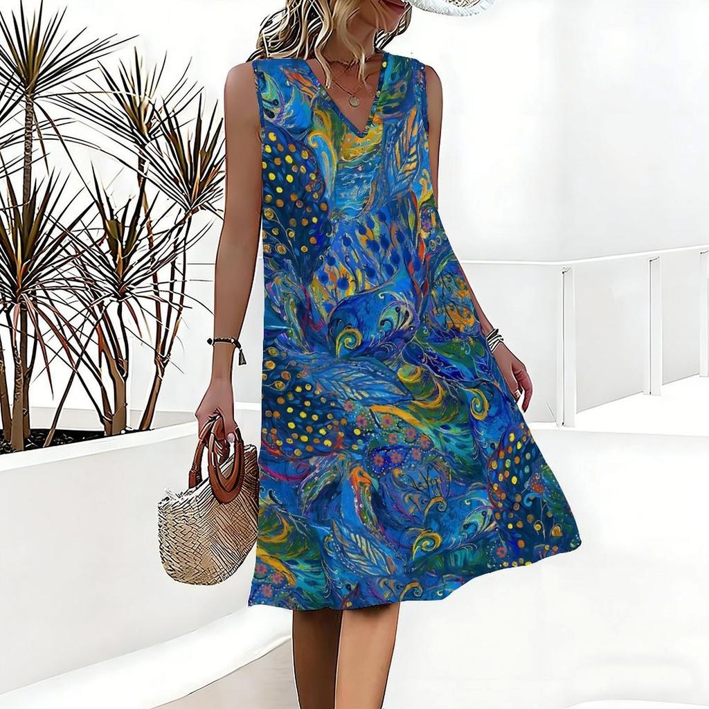 Plus Size V Neck Sleeveless Dress Verdant Mountain Waterfall Art Print For Wilderness Adventure Tour