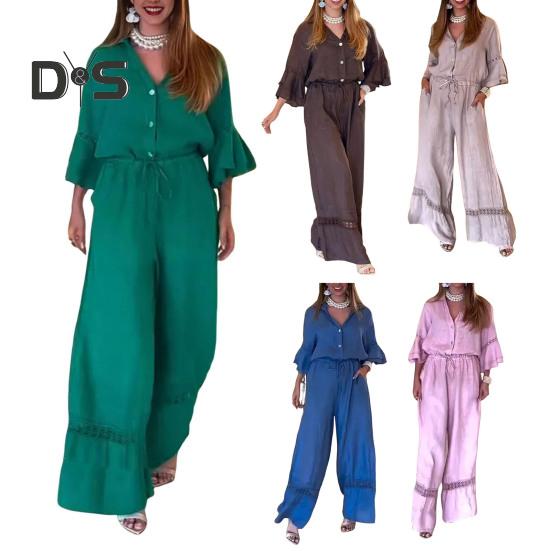 Damen Jumpsuit mit weitem Bein und Knopfleiste, V-Ausschnitt, 3/4-Rüschenärmel, Strampler, Sommer, lässiger Kordelzug, Overall, einteiliges Outfit