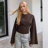 Spring and Autumn Women's New Solid Color Crew Neck Wide Sleeve Waist Long Sleeve T-Shirt Top