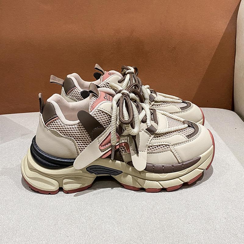 

Женские кроссовки Latform 2024 Весна Шнуровка Толстая подошва Вулканизированная обувь Женская ПУ кожа Дышащая спортивная обувь Женская 35 хаки