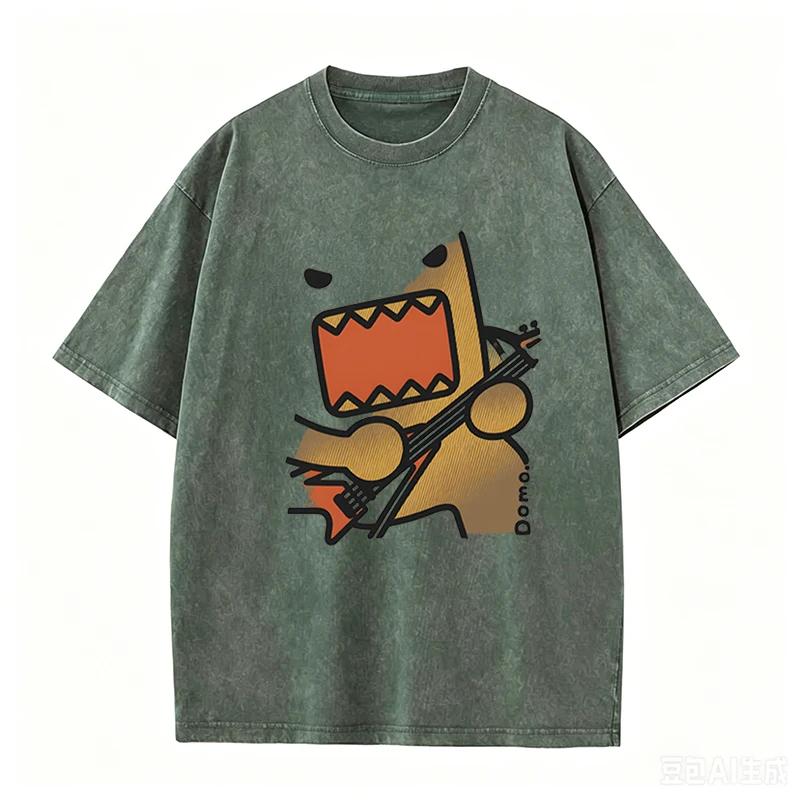 T-shirt Casual con Grafica Rock di Domo, Lavaggio Vintage Marrone, Cartone Animato