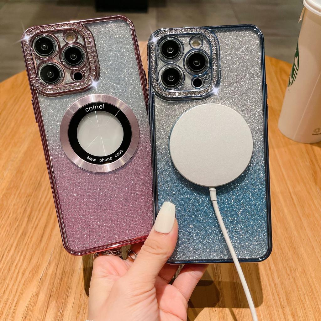 Applicable to Apple 16 missed label magnetic mobile phone case rhinestone iPhone15 gradual change glitter 14Pro anti-drop protective case