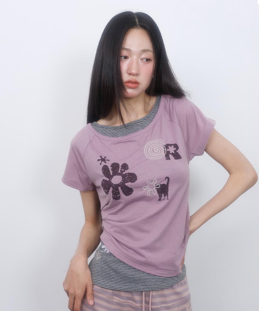 LMR Motif Embroidered Striped Layered T-Shirt Purple Pink