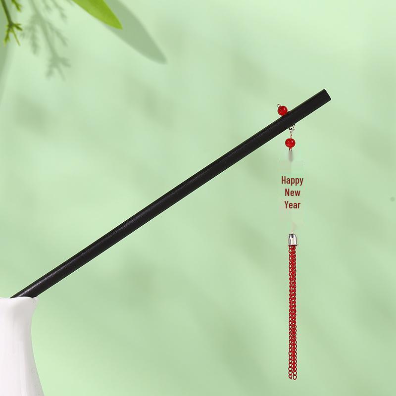 Vintage-Style Ebony Imitation Hairpin with Tassels and Wooden Step-Shaking Design for Hanfu and Ancient Costume Accessories