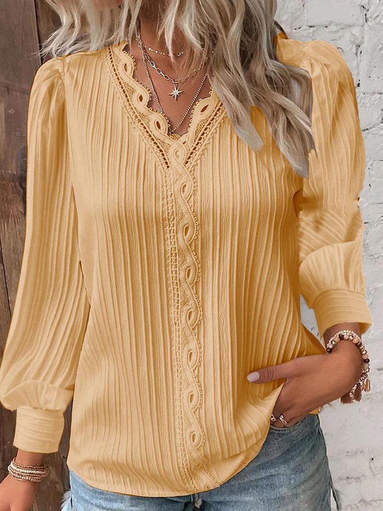 Women V-Neck Lace Blouse Long Sleeve Puff Sleeve Loose Plus Size Fall Casual Shirt Top
