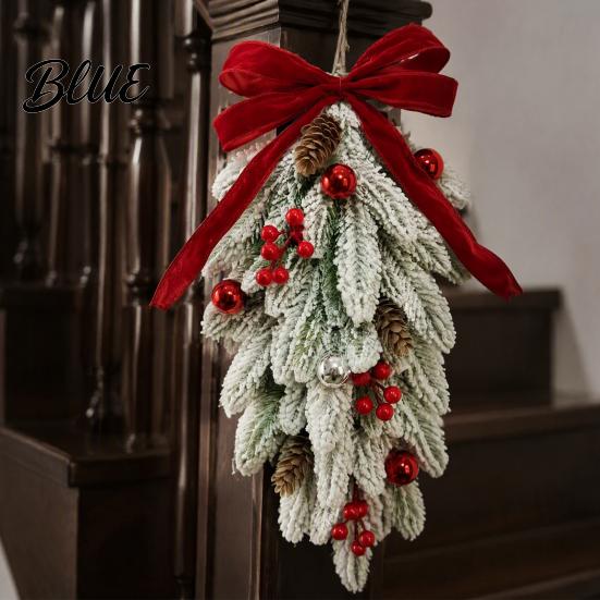 Reusable Christmas Party Supplies Flocked Teardrop Swag for Front Door, Artificial Pine with Red Holiday Gift Home Berries Velvet Bow, Snowy