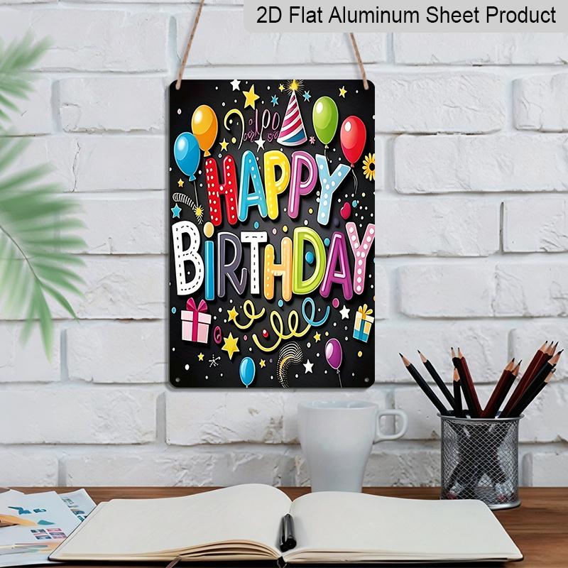 2D Flat, 1pc Colorful "Happy Birthday" Balloon & Gift Metal Wall Art Sign - 8*12 Inch Aluminium Fun Party Decor, Black Background Festive Plaque