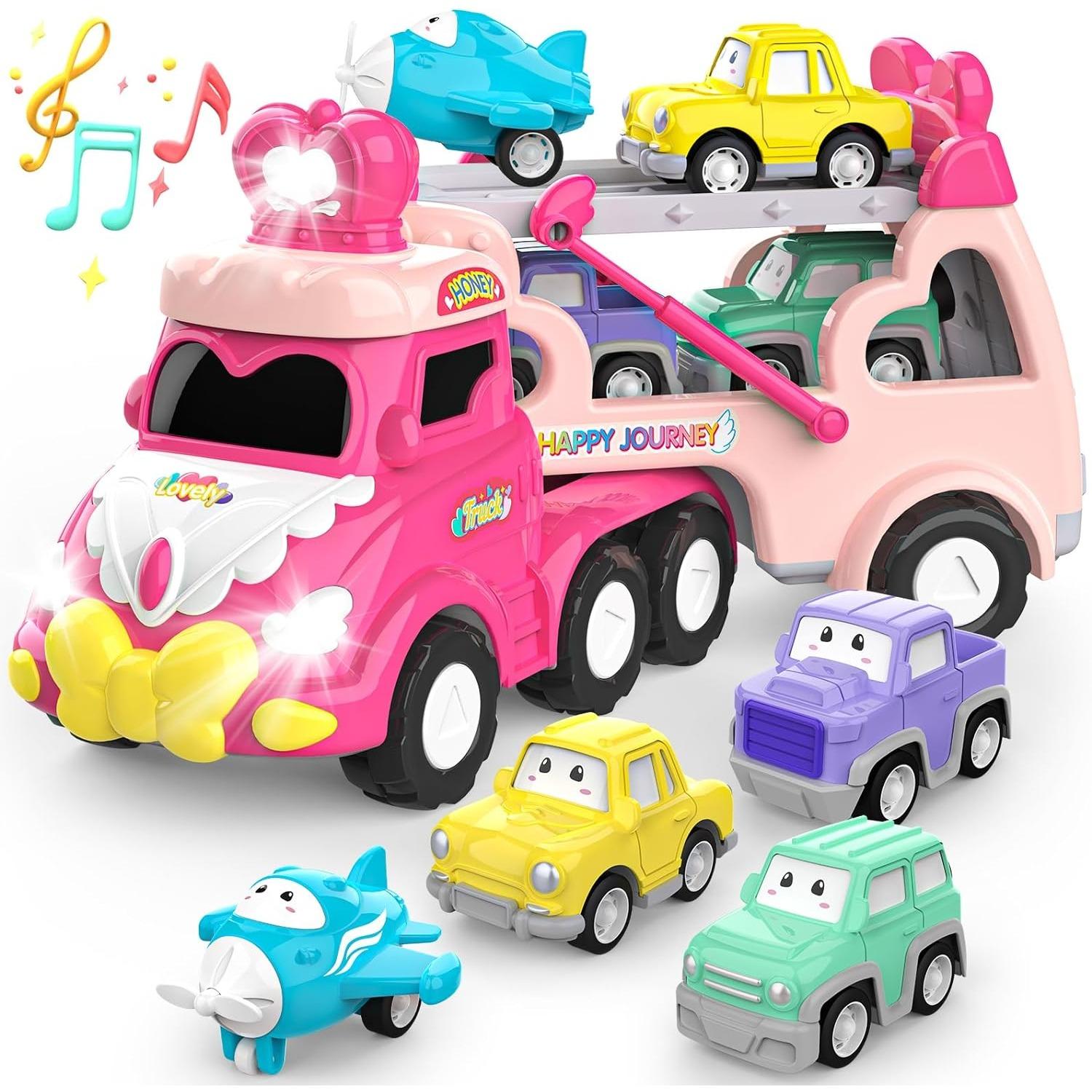 

Набор игрушечных машинок-переносок со светом и звуком, розовая игрушка для девочки, малыша, двухслойный транспортный грузовик с фрикционным приводом, подарок