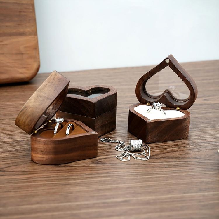 Heart-shaped Solid Wood Ring Box Velvet Soft Inner Bag Jewelry Storage Bag