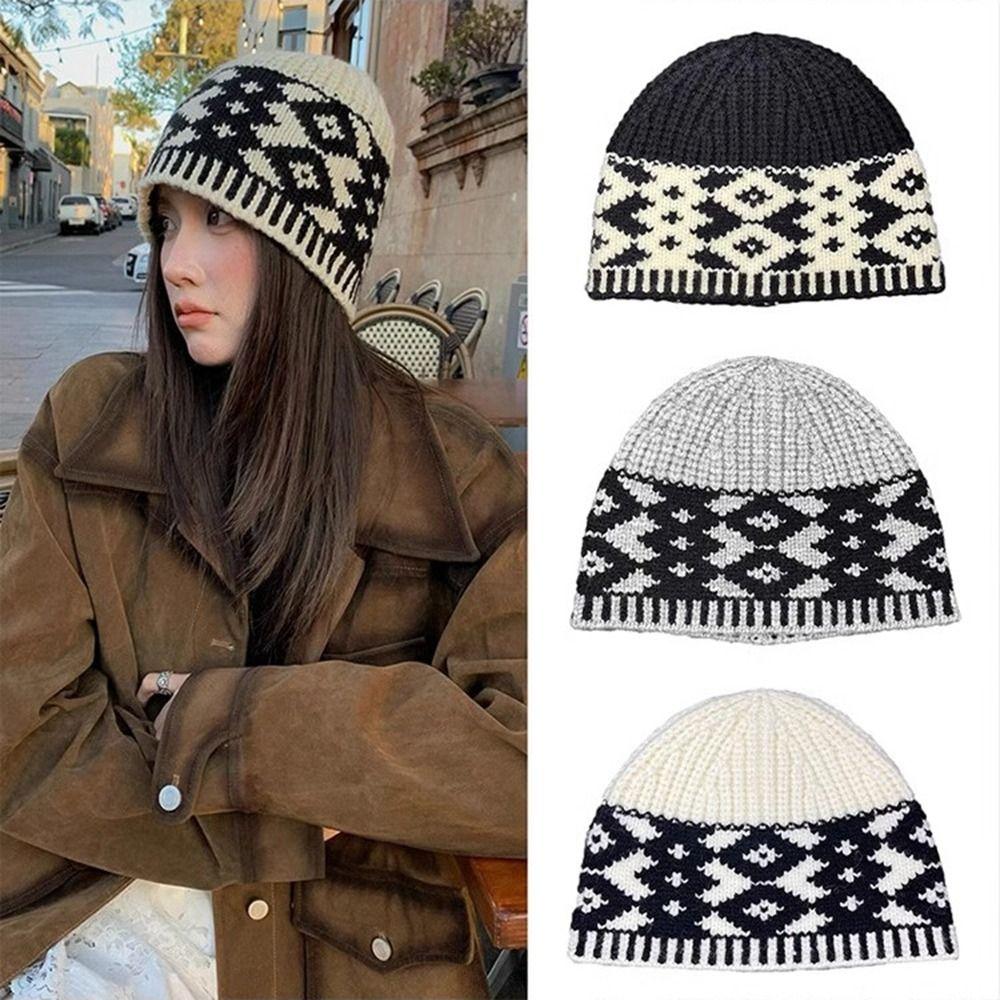 Warm Beanies Grid Printing Knit Cap Sweet Jacquard Knitted Hat Girls