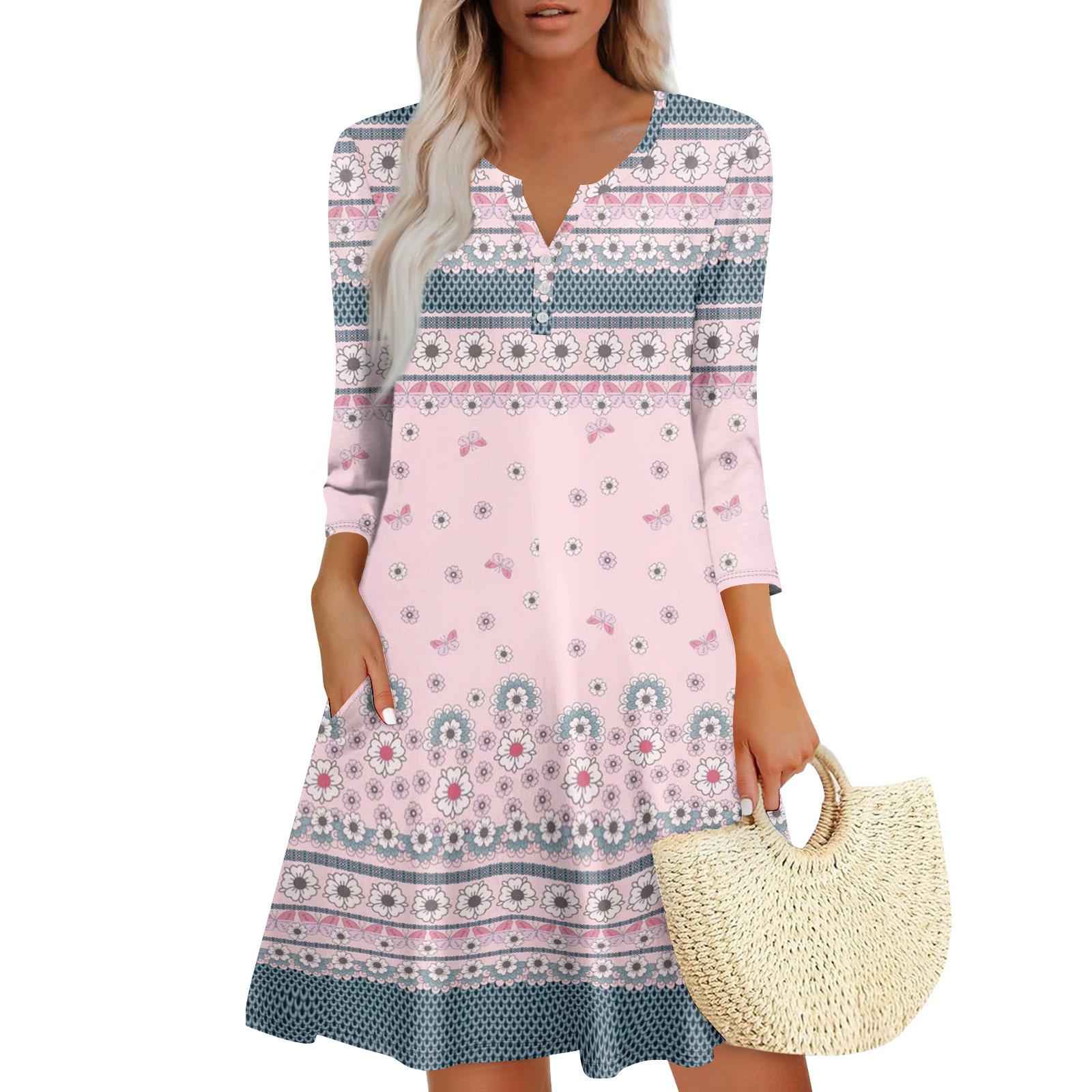 

Женское летнее платье, свободное платье с V-образным вырезом, рукавом три четверти и карманами XXL розовый