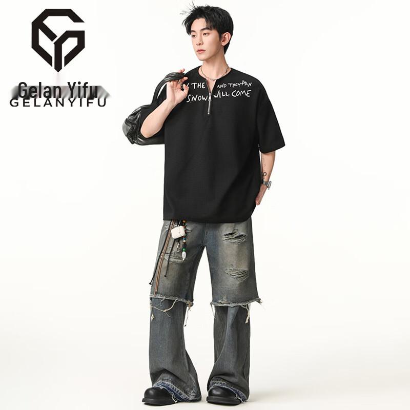 GELANYIFU Men s Waffle Half-Zip Letter Print T-Shirt L