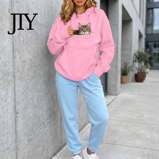 Casual Pullover Top Women Hoodie with Pet Pouch, Solid Color Hooded Sweatshirt Kangaroo Cat Pouch Pocket Pocket, for Carrying Small Dogs Cats