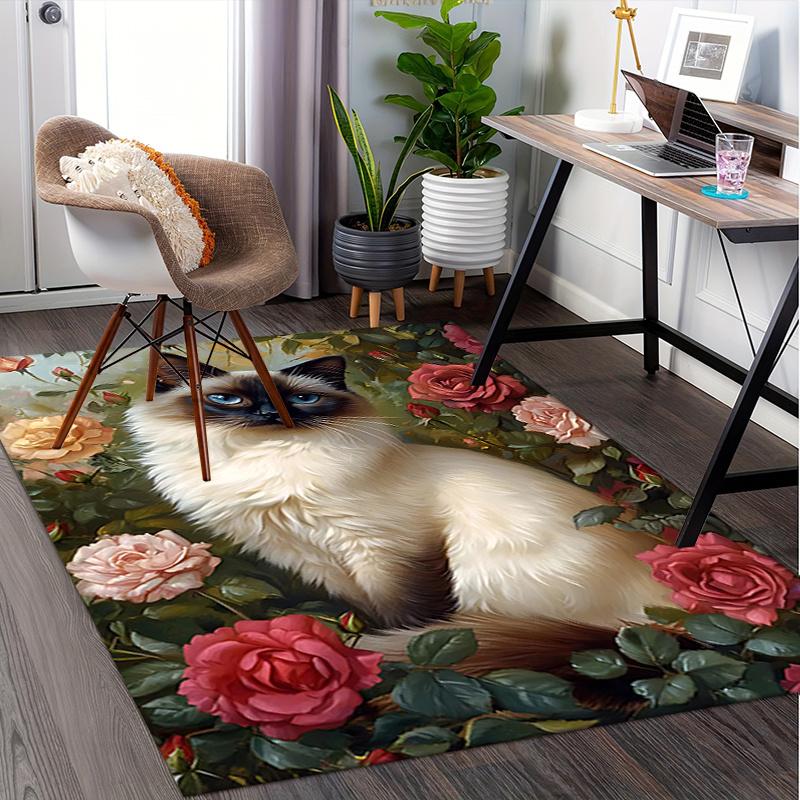 Siamese Cat and Roses Chair Mat: Office Carpet, Oversized Rug for Home Decor, Sofa Mat, Desk Pad Gift Suitable for Bedroom, Living Room, Any Room