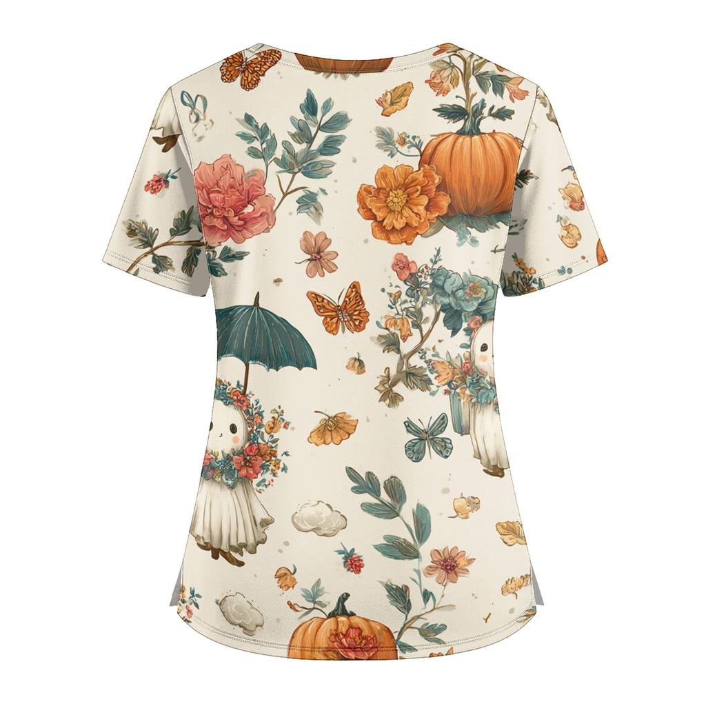Women V Neck Scrub Top with Pockets Halloween Print Short Sleeve Nurse Uniform with Side Slits for Medical Workwear