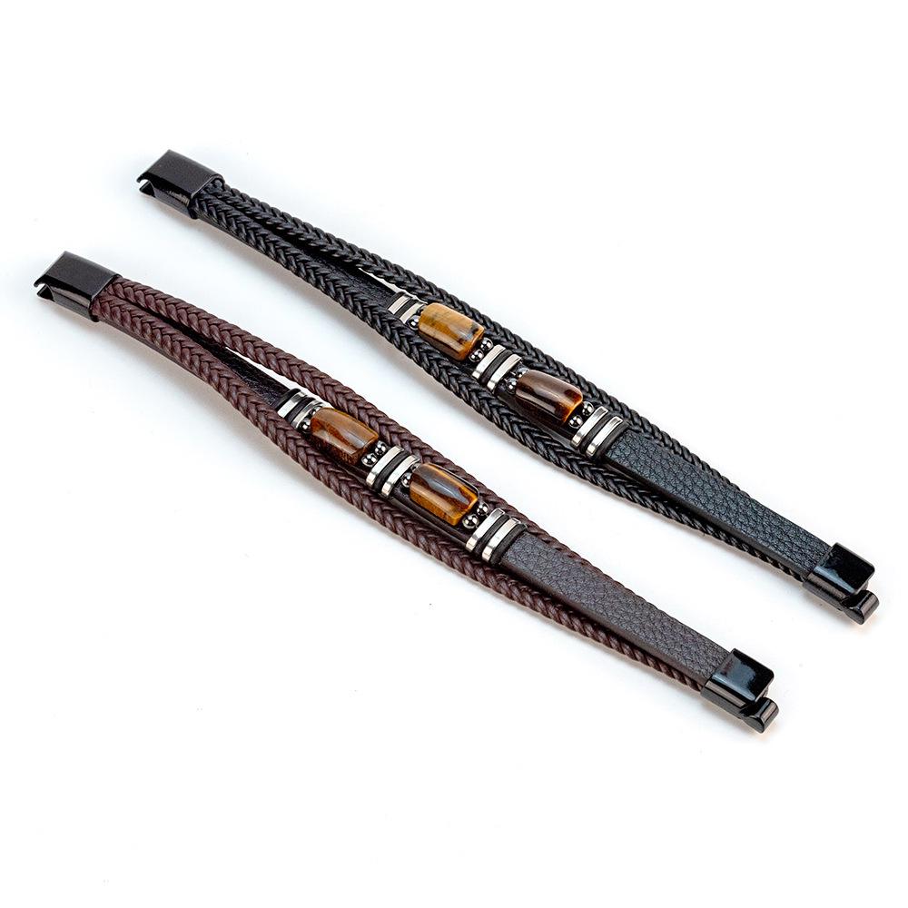 Magnetic Buckle Tiger Eye Leather & Stainless Steel Multi-layer Bracelet