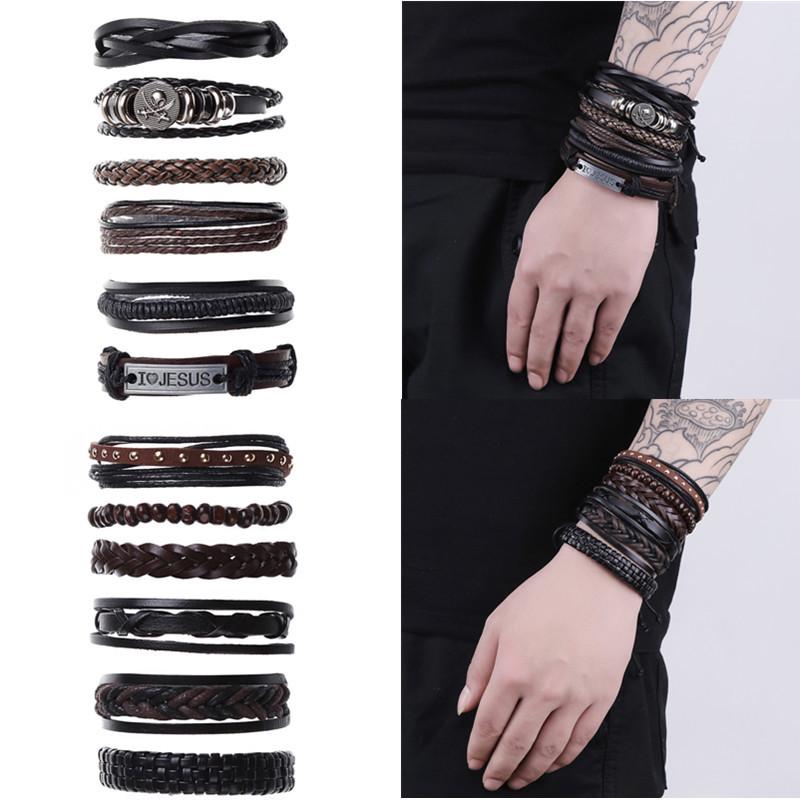 Punk 6-Piece Genuine Leather Multi-Layer Bracelet Set