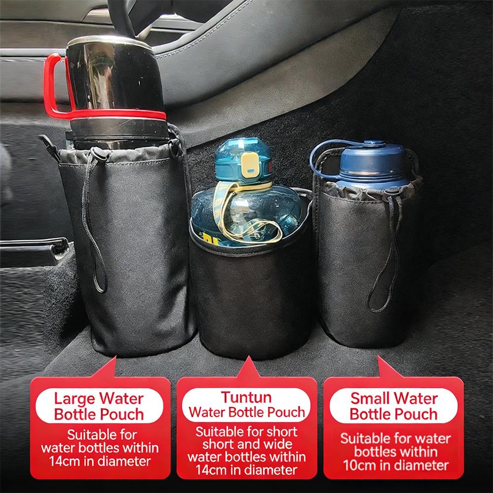 Universal Car Water Bottle & Thermos Holder For Center Console Side Mount with Storage Pocket Adjustable Strap Interior Organize