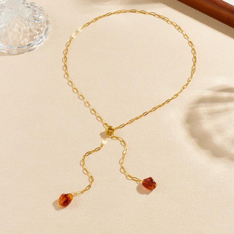 

Gold Plated Stainless Steel Adjustable Lariat Necklace with Amber Drop Charms for Women золотой
