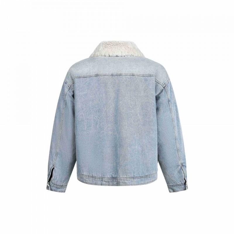 Mens Retro Lamb Wool Denim Cotton Jacket Thick Warm Lapel Winter Casual Coat