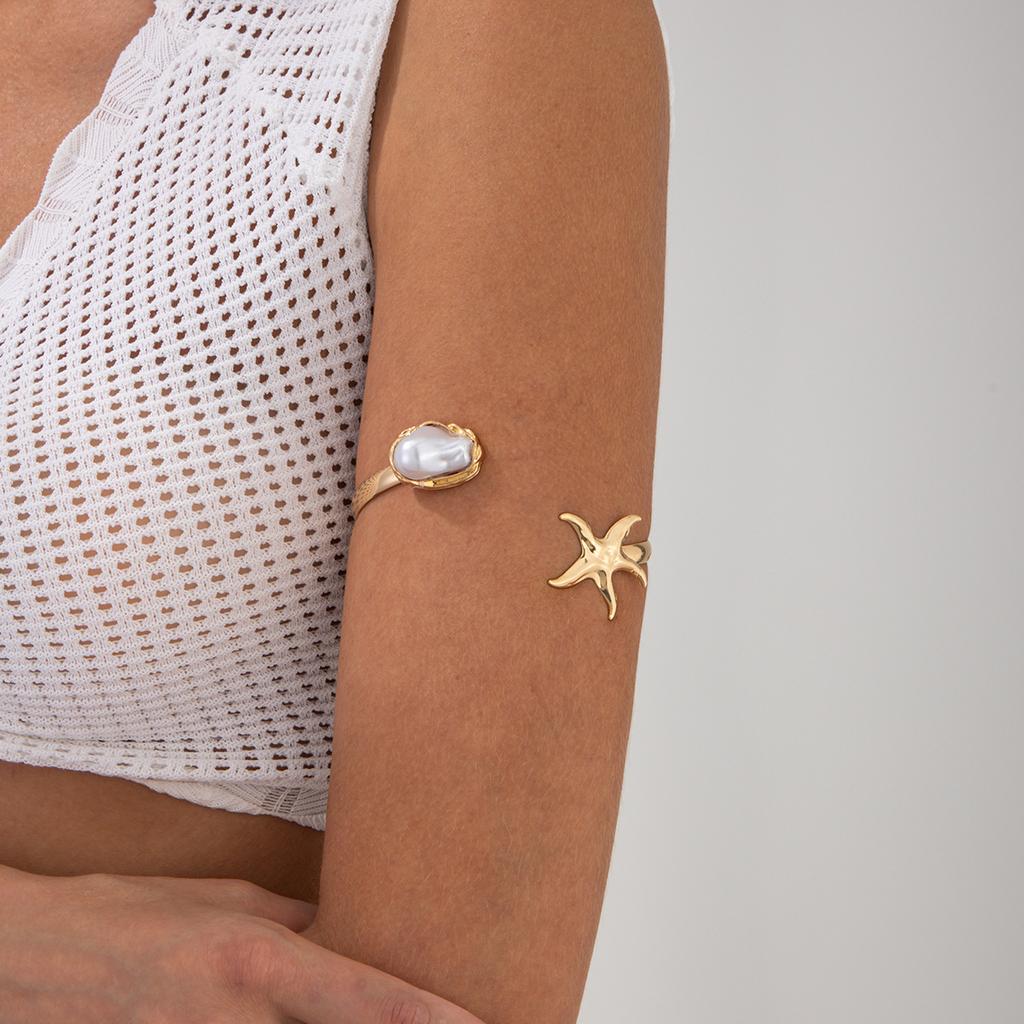 2025 Trendy Starfish Open Cuff Bangles Adjustable Armband Silver Gold Color Punk Flower Conch Geometric Upper Arm Bracelet for Women Beach Jewelry