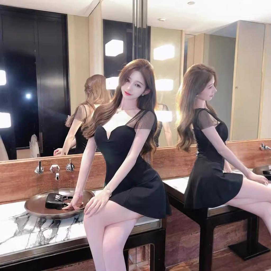 Deep V-neck sexy mesh splicing short sleeves waist thin A-shaped skirt women's autumn black versatile dress short skirt