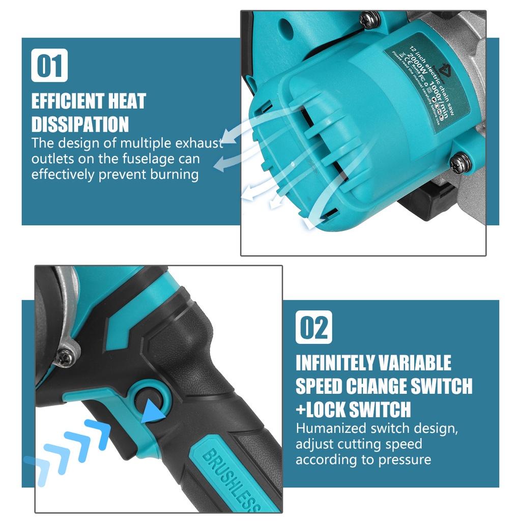 2000W 12Inch Cordless Electric Chain Saw Garden Woodworking Tool Brushless Motor Wood Cutter Power Tool