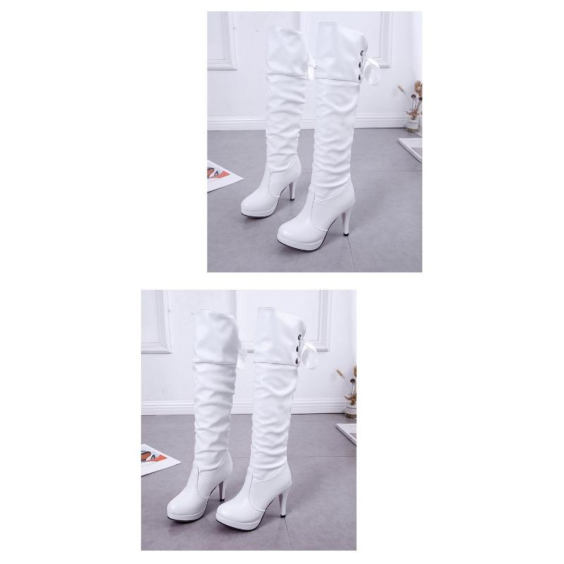 Autumn and Winter New Korean Version High Heels Women's Knee High Boots with Lace Up Casual Women's Martin Boots