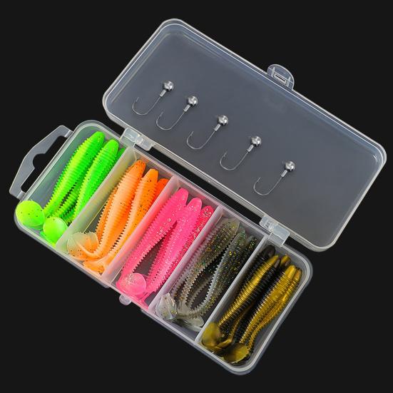 31Pcs/Box 5.5/6.5/7.5CM Soft Fishing Lure Hooks T-shaped 5 Jig Head Kit with Paddle Tail Colorful