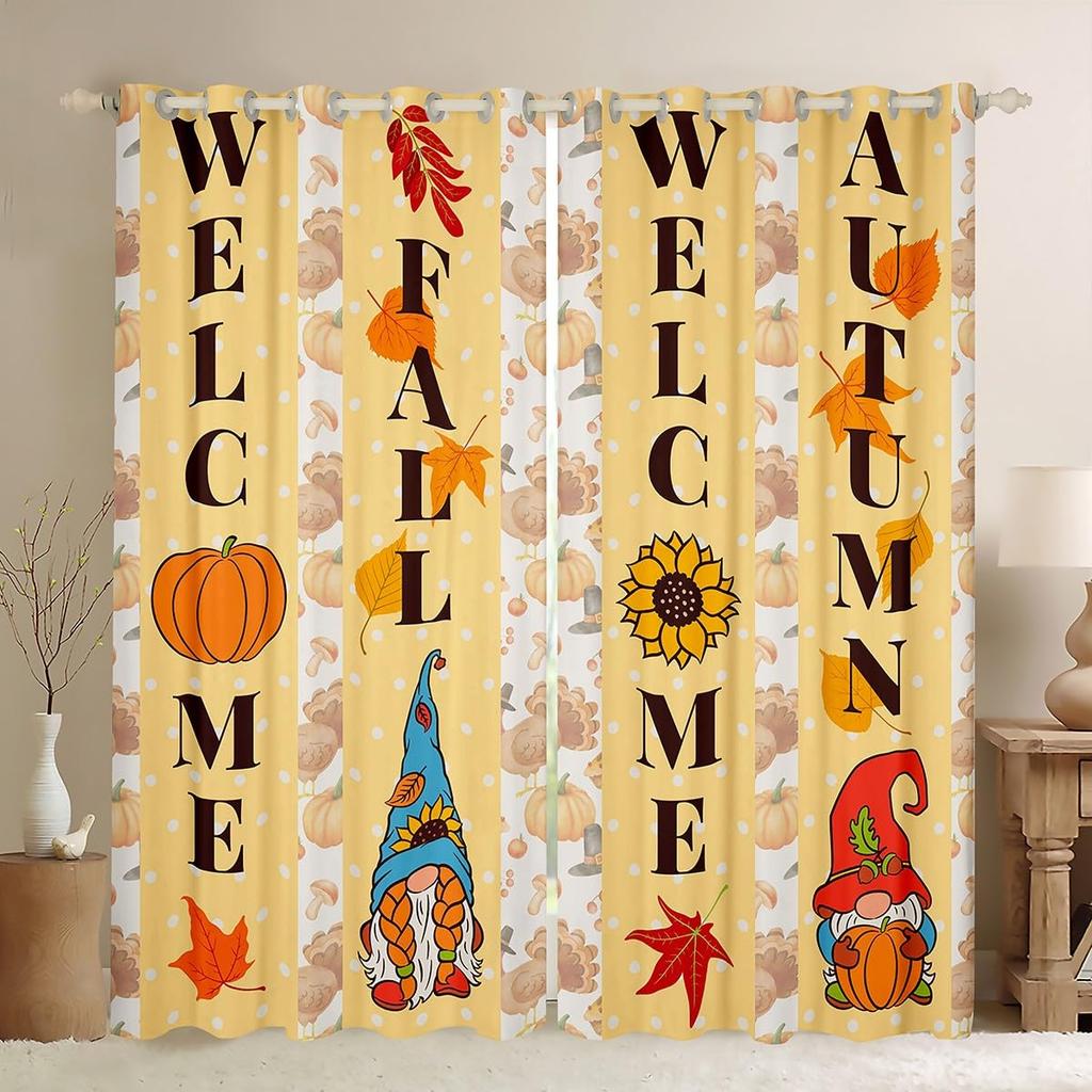 Fall Curtain Gnomes Autumn Thanksgiving Watercolor Maple Leaf Pumpkin Window Drapes Kitchen Living Room Treatments Curtains Polyester Great Treatment