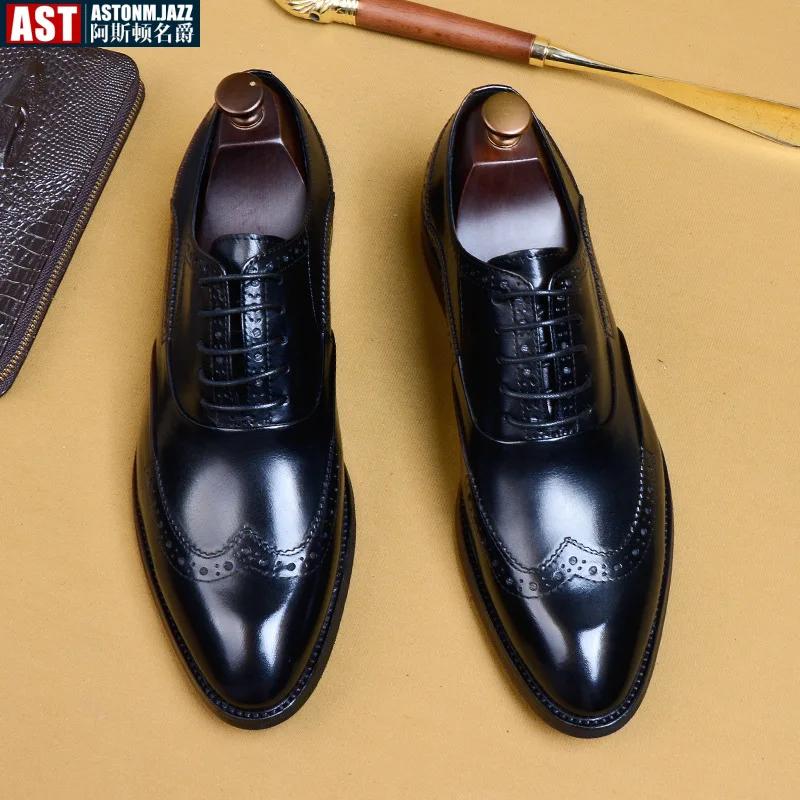 Genuine Cow Leather Brogue Wedding Business Men Casual Flats Vintage Handmade Oxford Shoes for Men Black Burgundy 2024
