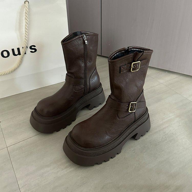 Vintage British Style Velvet Martin Boots Women's 2025 Autumn and Winter New Side Buckle Thick-soled Western Cowboy Chelsea Short Boots