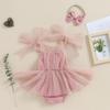 Baby Girls Rompers Dress Solid Color Tulle Skirt Hem Sleeveless Jumpsuits 3M 6M 12M 18M Toddler Clothes Infant Bodysuits with Bow Headband