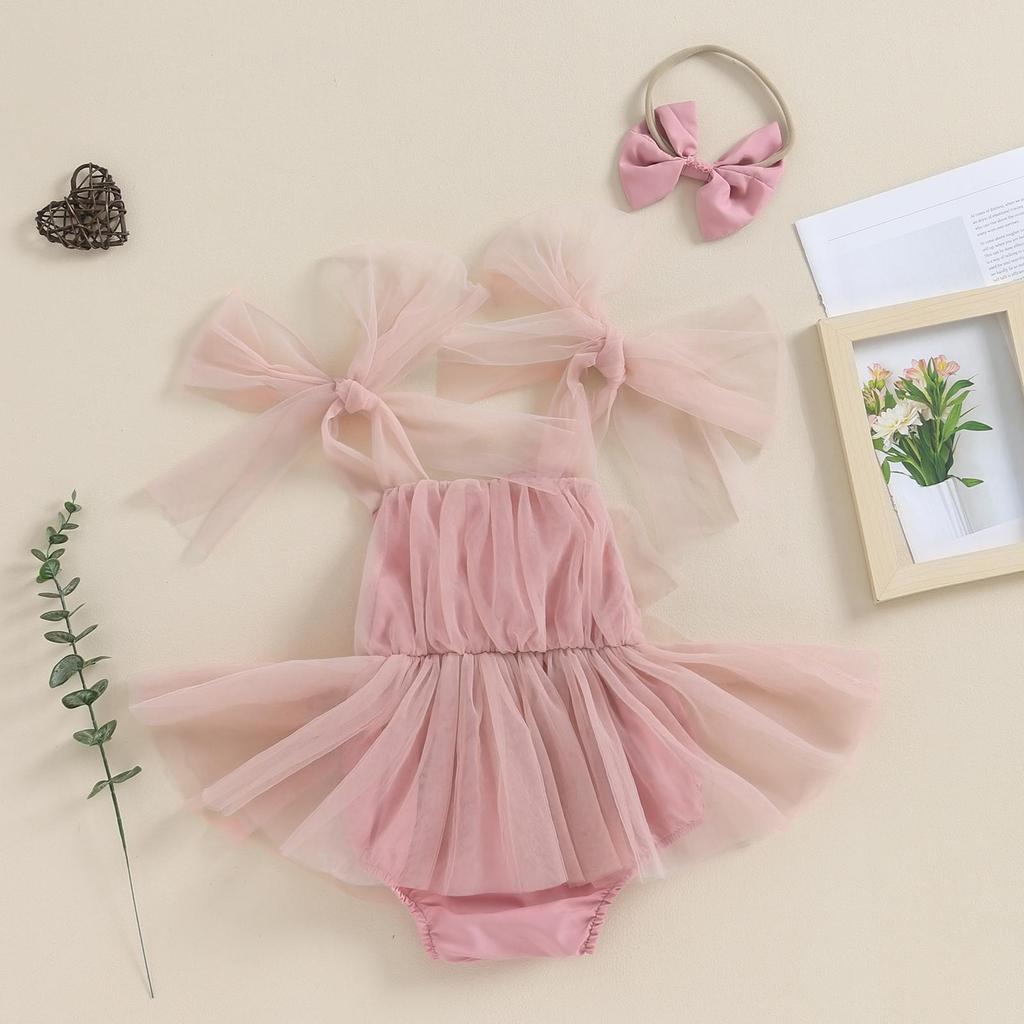 Baby Girls Rompers Dress Solid Color Tulle Skirt Hem Sleeveless Jumpsuits 3M 6M 12M 18M Toddler Clothes Infant Bodysuits with Bow Headband