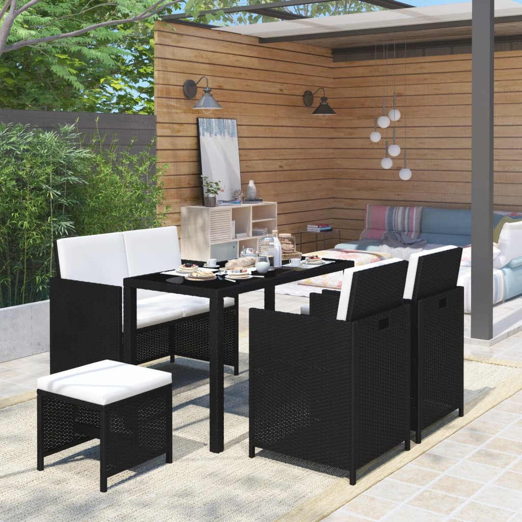 6 Piece Garden Dining Set with Cushions Poly Rattan Black