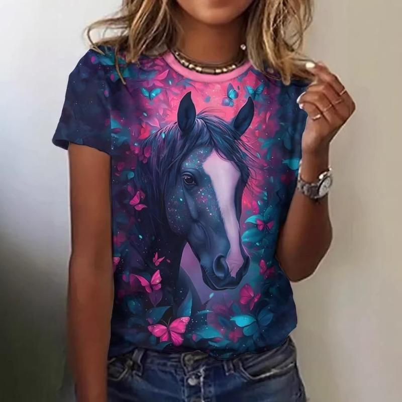 Haut décontracté à manches courtes et col rond avec imprimé animal cheval pour femme