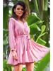Flared Mini Dress with a Wrap Neckline and Long Sleeves, Dusty Pink M